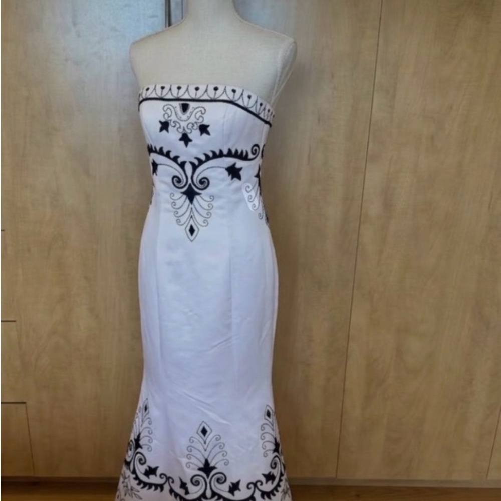 Audrey Hepburn inspired Strapless light pin Dress with Black Embroidered Accents